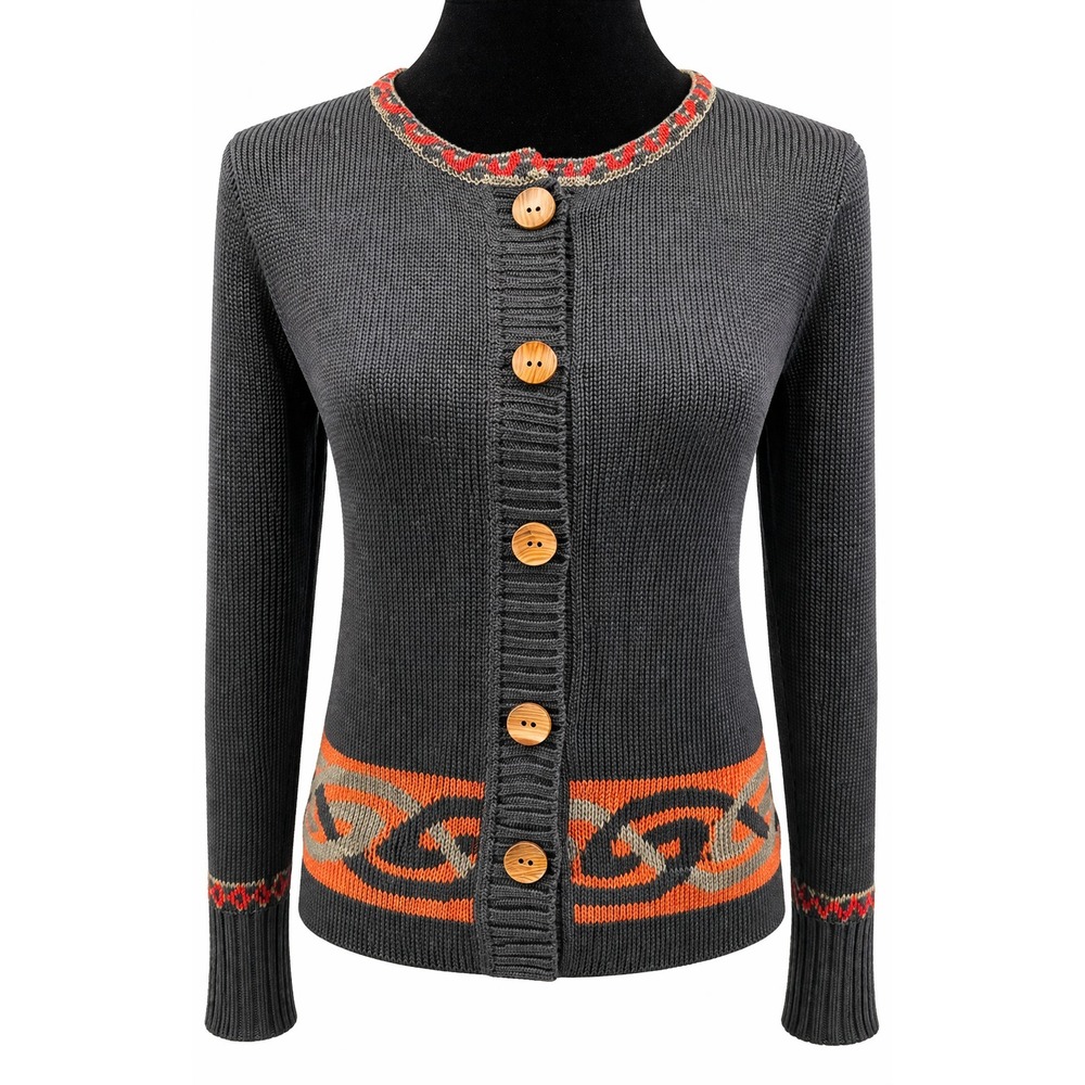 Peruvian Connection Womens Crew Neck Cardigan Small Black Tribal Pima Cotton